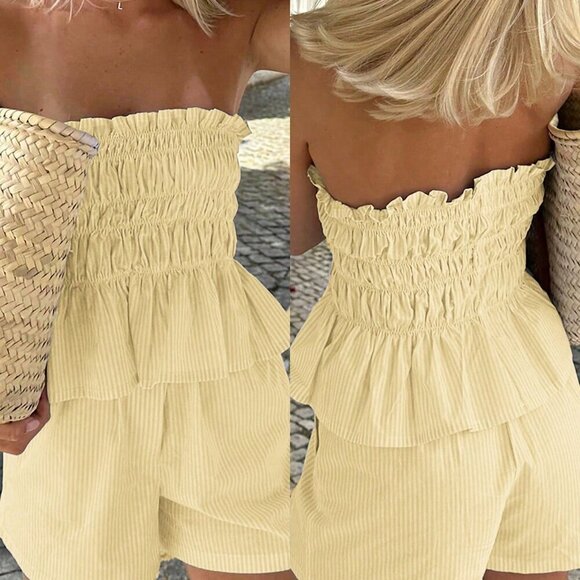 Yellow Boho Womens Striped tube Top And Shorts Set - Picture 1 of 11